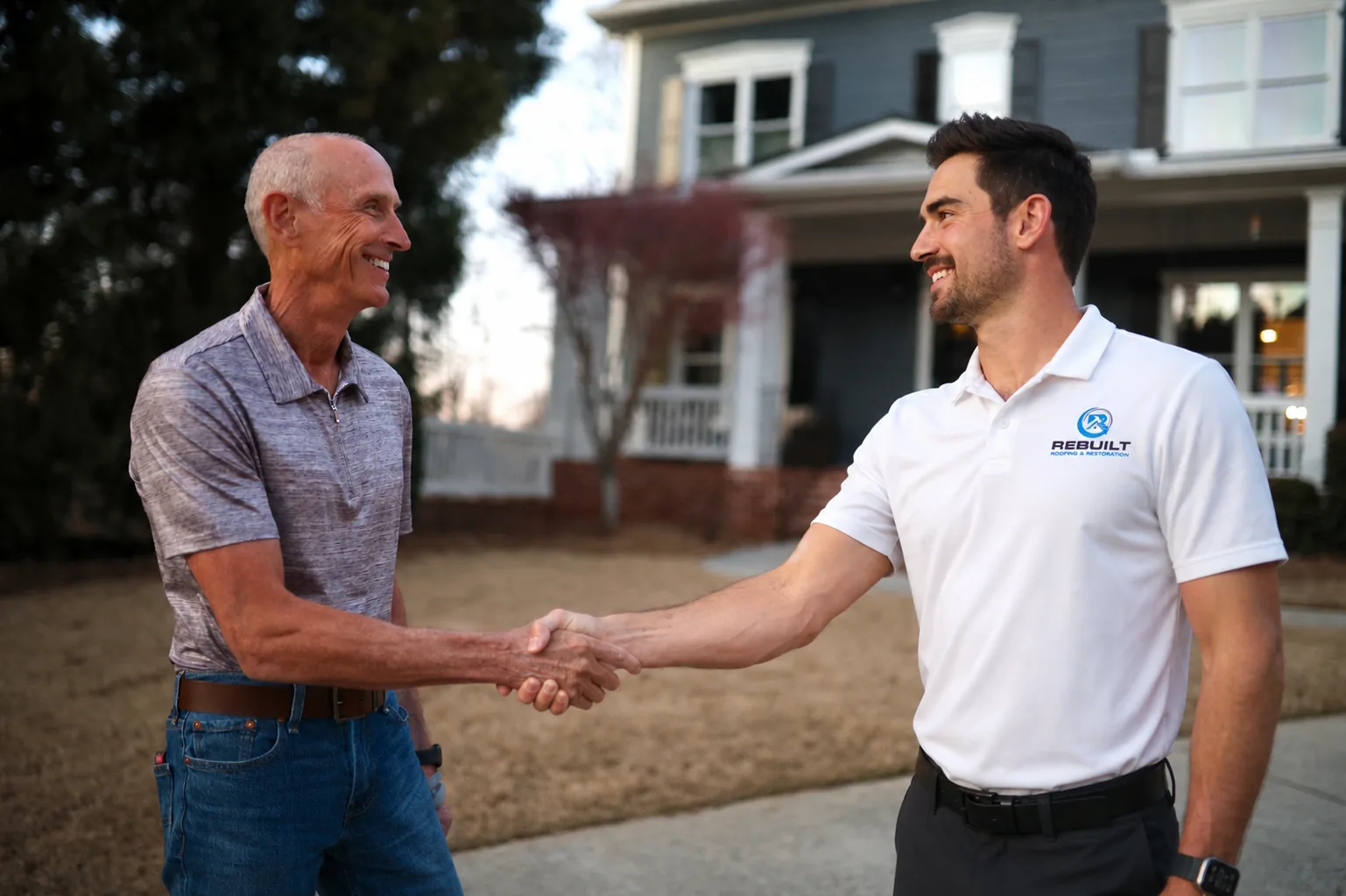 Rebuilt Roofing owner-led customer walkthrough on a finished project in Lee's Summit