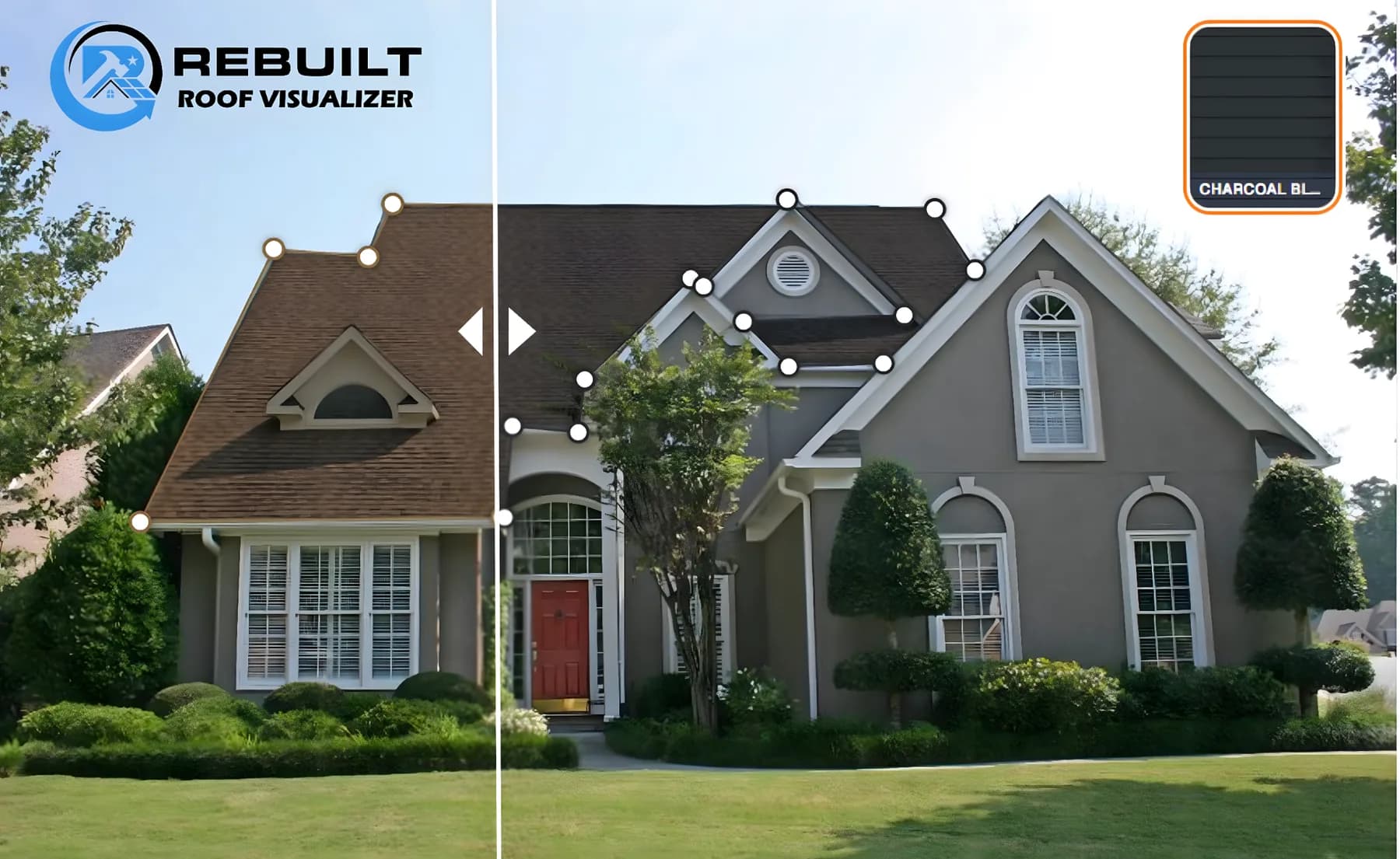 Rebuilt Roof Visualizer — before/after example showing a shingle color swap on a home